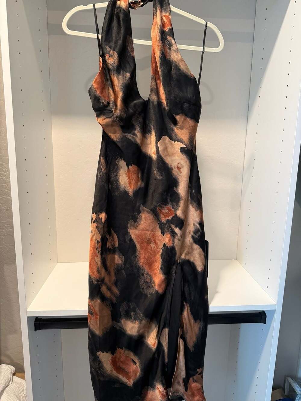 Lulus Halter Neck Smudge Print Satin Midi Dress Side Slit